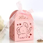50pcs Hollow Out Elephant Pattern Candy Boxes Gift Bags Baby Shower Wedding Favors (Pink)