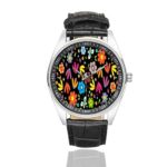 InterestPrint Men’s Casual Black Leather Strap Watches Floral Flower Butterfly Waterproof Wrist Watch