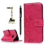 S6 Case,Samsung Galaxy S6 Case (Non-Edge) – BADALink Fashion Wallet Premium PU Leather with Embossed Flowers Butterfly Flip Cover with Hand Strap & 3D Cute Elephant Dust Plug & Stylus Pen – Hot Pink
