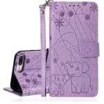 for iPhone 8 Plus Case,iPhone 7 Plus Case,JanCalm PU Leather Wallet Flip Case [Card/Cash Slots][Wrist Strap] Elephant/Flowers Pattern Women Girls Cover (Purple)