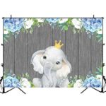 Mocsicka Little Elephant Backdrop Blue Flower Boy Elephant Baby Shower Background Vinyl 7×5 Vintage Rustic Wooden Floral Gold Crown Backdrops for Baby Shower Birthday Decorations Supplies