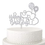 Baby Elephant Happy Birthday Cake Topper, Glitter Animal Elephant Theme Birthday Party Decorations (Silver)