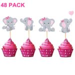 Elephant Cupcake Toppers Cupcake Decorations Food Picks for It’s A Girl Baby Shower Kids Birthday Girls Birthday Party Supplies 48 Pack (Pink)