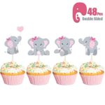 Bomcan 48 Pcs Double Sided Pink Elephant Cupcake Toppers for It is A Girl Baby Shower Cupcake Decorations, Cupcake Picks for Baby Girl Birthday Party Favor