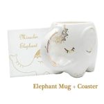 Elephant Coffee Mug with Coaster Cute White Ceramic Tea Milk Cup Hand Printed Designs and Printed Saying Great Gift Large Handmade For Office 400ml 14oz