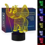 HIPIYA Baby Elephant Night Light LED 3D Illusion Lamp USB Optical Birthday Gift Christmas Present for Little Baby Boy Girl Kid Woman Home Bedroom Decoration Room Decor (Elephant)