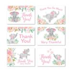 24 Pink Floral Elephant Baby Shower Thank You Cards With Envelopes, Kids Thank You Note, Vintage Animal 4×6 Varied Gratitude Card Pack For Party, Kids Girl Children Birthday, Modern Event Stationery