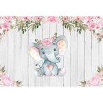 DaShan 5x3ft Polyester Elephant Baby Shower Party Backdrop Newborn Baby One Year Baby Party Decor Photography Background Floral Rustic Wood Dessert Table Decoration Cake Table Banner Party Photo Props