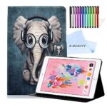 A-BEAUTY Case for iPad 10.2″ 2019 (7th Generation) with Free Pen [Flexible TPU Back] Smart Wallet Stand Protective Cover with Auto Sleep/Wake, Elephant