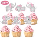 48PCS Pink Elephant Little Peanut Cupcake Toppers It Is A Girl Baby Shower Cupcake Picks Decoration Baby Girl Birthday Party Supplies