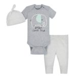 GERBER Baby 3-Piece Organic Onesies Bodysuit, Pant and Cap Set, Happy Elephant, 0-3 Months