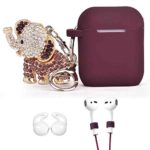 Airpods Case, LitoDream Compatible with Bling Elephant Keychain for Apple Airpods 2/1 Silicone Case Cover (Burgundy Case + Elephant)