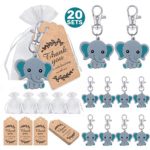 MOVINPE 20 Pcs Baby Shower Return Gifts for Guests, Blue Baby Elephant Keychains + Organza Bags + Thank You Kraft Tags for Elephant Theme Party Favors, Boys Kids Birthday Party Supplies