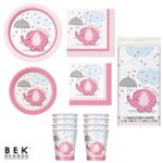 Bek Brands Pink Elephants Baby Shower Supply Bundle Plates, Napkins, Cups and Tablecover – 57 pieces!