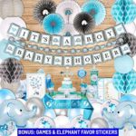 183 Piece Blue Elephant Baby Shower Decorations for Boy Kit – It’s a BOY Pre-Strung Banners and Garland Guestbook Mommy to Be Sash Balloons Cake Toppers Paper Fans Lanterns, Games & Thank You Stickers