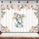 Pink Flower Rustic Wooden Floor Photo Background Floral Cute Baby Elephant Photography Backdrops 5x3ft Baby Shower Newborn Cake Table Decoration Studio Props Banner Vinyl