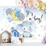 Newsely Boy Elephant Baby Shower Backdrop 7Wx5H Photography It’s a Boy Blue and Silver Balloons Animal Background Star and Moon Gifts Party Decorations Banner Photo Booth Props Birthday Supplies