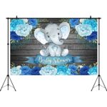 Aperturee Boy Elephant Baby Shower Backdrops 5x3ft Blue Floral Watercolor Flowers Rustic Wood Wooden Texture Wall Photography Background Newborn It’s a Boy Party Decoration Banner Props Photo Studio