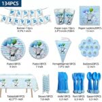 134PCS Blue Elephant Birthday Party Supplies Party Decoration Tableware Baby Show 1st Birthday Party Baptism Paper Products Tableware Home Party Contents Cups, Plates, Tissues, Knives, Forks, Spoons, Balloons, Common Products