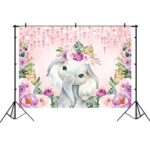 Lofaris Watercolor Pink Floral Elephant Baby Shower Party Backdrop Sweet Grils Boho Tropical Purple Flowers Background Happy Birthday Newborn Baby Party Decorations Cake Table Banner 7x5ft
