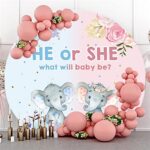 OERJU 6x6ft Elephant Gender Reveal Round Backdrop Pink or Blue Boy or Girl Photography Background He or She What Will Baby Be Floral Newborn Baby Shower Party Decoration Banner Photo Studio Props