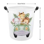 Cute Safari Animals in The Car Collapsible Laundry Baskets Lion Elephant Giraffe Waterproof Laundry Hamper with Handles Round Toy Bin for Dirty Clothes,Kids Toys,Bedroom,Bathroom