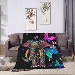 SIGYCLU Elephant Butterfly Throw Blanket for Couch Sofa Bed Soft Cozy Fuzzy Black Galaxy Elephant Gifts for Women Adults Kids 50″X40″