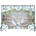 It’s a boy Elephant Backdrop for Baby Shower Theme Party Background Blue Flowers Grey Wood Photo Background Newborn Kids Children Dessert Table Banner (7X5FT)