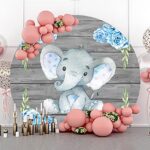 Renaiss 7x7ft Elephant Round Backdrop Covers for Photoshoot Women Family Portrait Blue Rose Flowers Gray Wooden Wall Photography Background Baby Shower Newborn Welcome Party Decor Photo Booth Prop