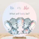 Canessioa 7.5×7.5ft Elephant Gender Reveal Round Backdrop He or She What Will Baby Be Blue or Pink Elephant Round Backdrop Cover Polyester Baby Shower Newborn Welcome Party Circle Backdrop Cover