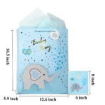 CUTERUI GIFTED 16.5″ Extra Large Boy Gift Bags with 3D Elephant Patch for Baby Shower with Tissue Paper and Greeting Card (Blue Baby boy)