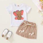YOUNGER TREE Toddler Baby Girl Clothes Summer Cute Elephant T-shirt Solid Color Short Sets with Belt Girls Outfit (Elephant, 18-24 Months)