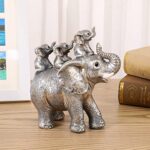 FriyGardcn Cute Silver Elephant Statue Good Luck Elephant Carries Three Calves on Its Back Figurines Décor for Shelf Good Gifts for Elephant Lovers Decoration for Living Room, Bedroom, Office…