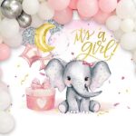 Newsely Girl Elephant Baby Shower Backdrop 7Wx5H Photography Pink Gender Reveal Decorations Silver Balloons Cute Animal Background Star Moon Gifts Party Banner Photo Booth Props Supplies
