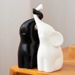 OwMell Set of 2 Loving Elephant Statue Figurine, 6″ Ceramic Elephant Ring Holder, Gifts For Couples Home Lucky Decor – Black and White