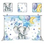 Glawry Elephant Baby Shower Backdrop for Photography 7Wx5H Feet Cute Gender Reveal Boho Balloond Floral Flowers Gold Stars It’s a Boy Party Decorations Photoshoot Background Photo Booth Studio