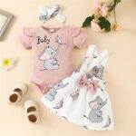 Infant Newborn Girl Elephant Outfits Headband Ruffle Romper Suspender Skirt Sets Baby Girls ‘ Clothing Sets (Pink, 0-3 Months)