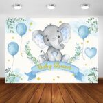 Boy Elephant Baby Shower Backdrop Watercolor Blue Elephant Greenery Leaves Balloon Cloud Photography Background It’s a Boy Newborn Kids Birthday Party Banner Cake Table Photoshoot