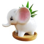 Cute Cartoon Animal Elephant Shaped Ceramic Succulent Cactus Vase Flower Plant Pots with Bamboo Tray for Home Garden Office Desktop Decoration – Plant Not Included(1,Small)