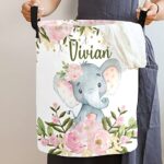 Custom Floral Elephant Laundry Hamper Personalized Laundry Basket with Name Storage Basket with Handle for Bathroom Living Room Bedroom