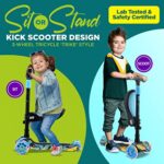 SereneLife Wheeled Scooter for Kids – 2-in-1 Sit/Stand Child Toddlers Toy Kick Scooters w/ Flip-Out Seat, Adjustable Height, Wide Deck, Flashing Wheel Lights for Outdoor Fun – SLKSGR (Graffiti)