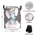 Custom Watercolor Pink Flower Elephant Storage Basket with Handles Personalized Name Waterproof Collapsible Laundry Baskets for Clothes
