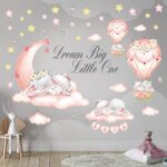 DECOWALL SG-2203 Dream Big Little One Wall Stickers Elephant Quote Moon Stars Decal for Kids Baby Bedroom Nursery Living Room Art Home Decor Decoration Removable Baby Girl Pink