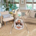 Ingenuity InLighten 5-Speed Baby Swing – Swivel Infant Seat, 5 Point Safety Harness, Nature Sounds, Lights – Van Elephant