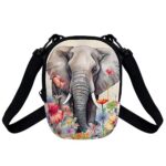 Suobstales Elephant Flower Print Messenger Bag Casual Shoulder Bag Chest Bag for Women Girls Crossbody Cell Phone Purse Holder Wallet Handbag with Zipper Closure