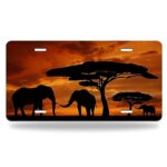 HOSNYE License Plate Silhouette Elephants Front License Plate Trees and Sunset Funny Car Cover Decoration Accessory Vanity Tag for USA Standard License Plate Holder for Men Women 12″ X 6″