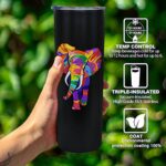 Elephant Tumbler with Lid and Straw- Elephant Gifts for Women, Men – Colorful Elephants Cup, Skinny Tumbler, Water Bottle, Coffee Mug – Thermal Insulated Tumblers 20 Oz – Elephant Boho Decor, Stuff