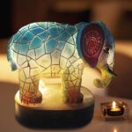 AJUBENCE Animal Table Lamp Series, Stained Glass Cat,Dragon,Wolf,Horse,Owl,Dolphin,Turtle,Elephant,Mermaid Table Lamp Night Light, Retro Resin Table Lamp for Bedroom Decoration (Elephant)