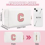 Personalized Initial Preppy Makeup Bag, Small Cute White Toiletry Pouch Monogram Cosmetic Travel Organizer with Zipper, PU Waterproof Glitter Make Up Storage Gift for Coworker Teacher Her(Letter C)