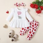 Noubeau My 1st Valentines Day Baby Girl Outfits Ruffle Heart Print Tunic Drees Shirt Stripe Pants Legging Winter Clothes?Elephant- Heart,0-3 Months?